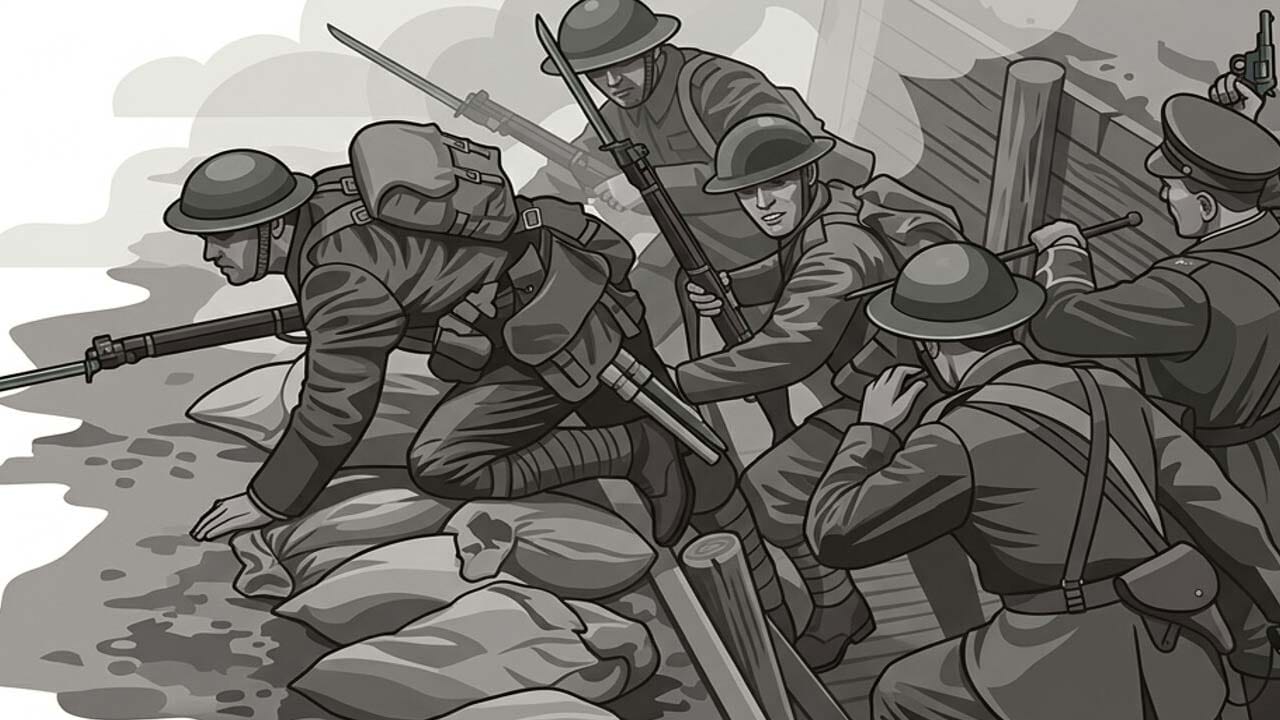 Wartime battlefield environment showing military structures and combat atmosphere