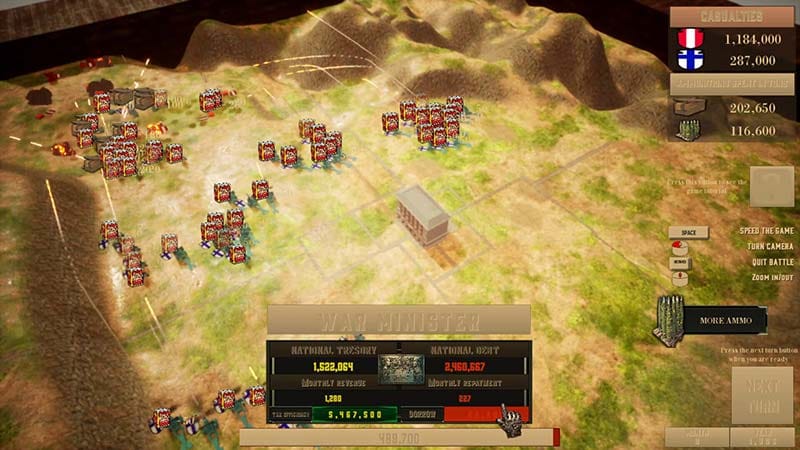 Gameplay scene showing an automated battlefield with military units