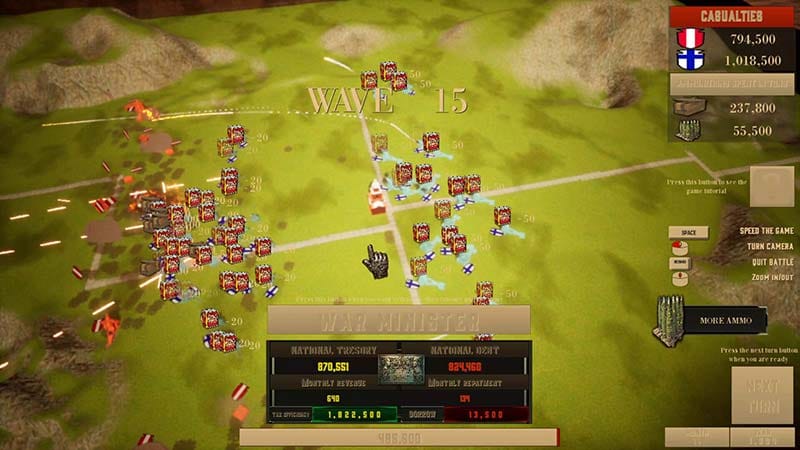 War-themed gameplay scene showing military equipment and unit deployment