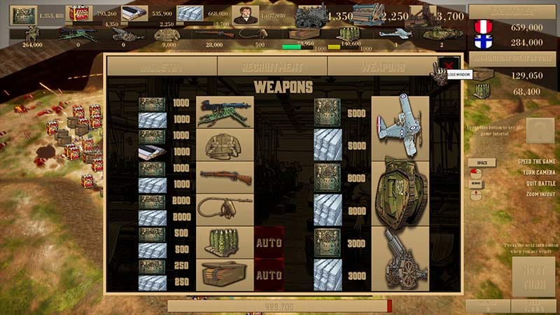 Gameplay scene showing large-scale military operations and enemy attacks