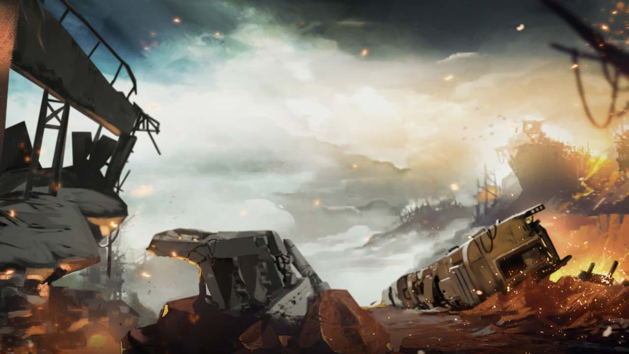 Isometric view of a ruined wasteland with scattered debris and damaged structures