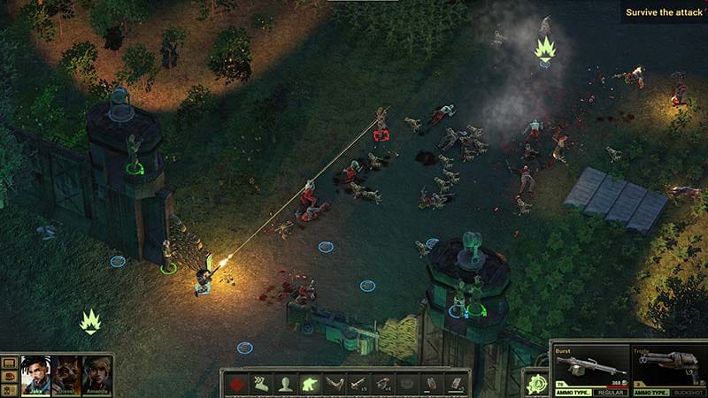 Gameplay scene showing squad-based combat in an isometric wasteland environment