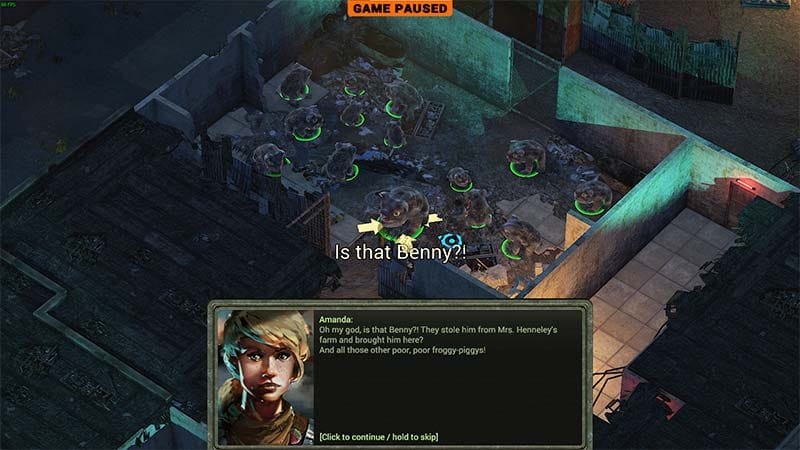 Dim gameplay scene showing early mission with limited gear and cautious movement