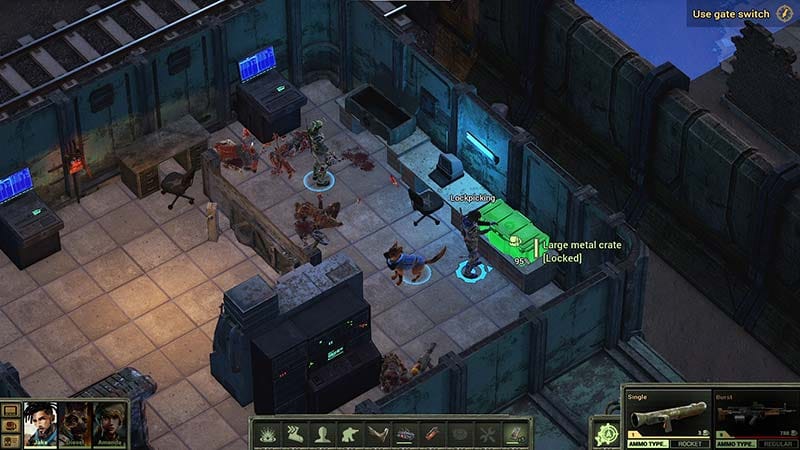 Gameplay view of squad advancing through a ruined settlement with cover elements