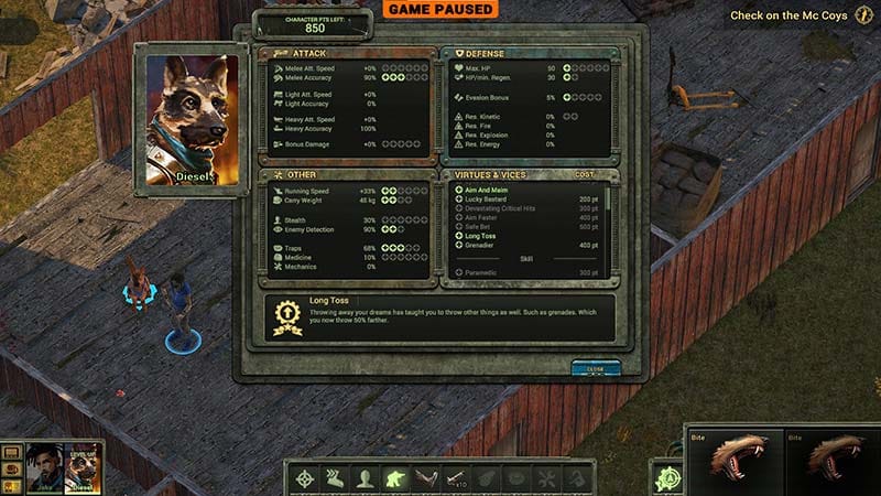 Interface screen displaying resources, inventory items, and squad status indicators