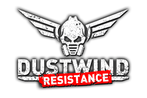 Dustwind Resistance logo with bold title over a dark post-apocalyptic backdrop
