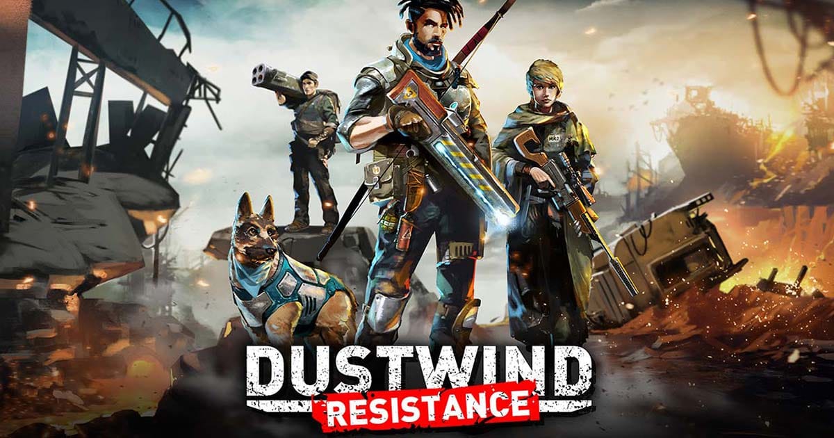 Squad and dog facing raiders in a tense post-apocalyptic combat scene