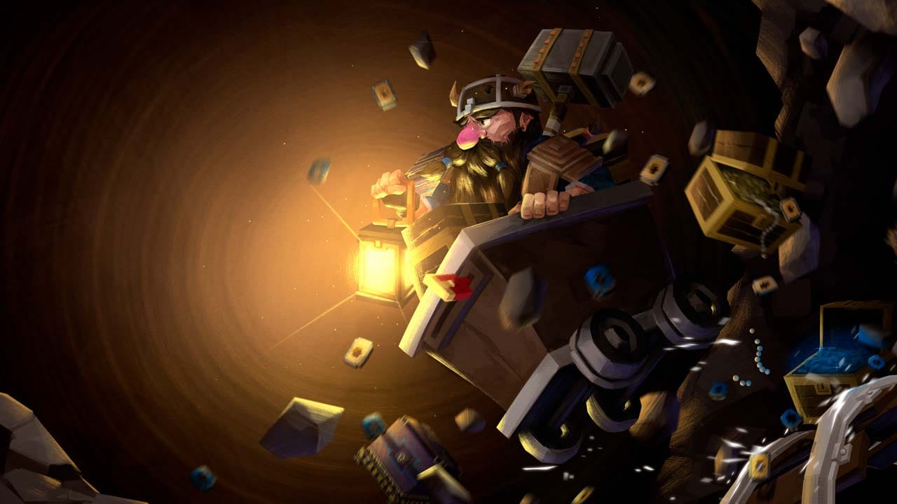 Dark underground mine with rocky caverns, mining equipment, and atmospheric lighting