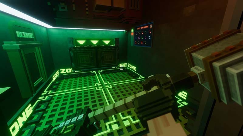 Gameplay scene showing a solitary first-person expedition through a hazardous mine