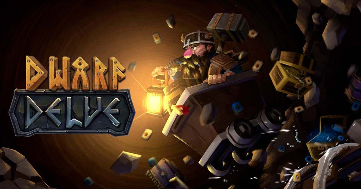 Promotional artwork showing a dwarf explorer mining in a dangerous underground cavern
