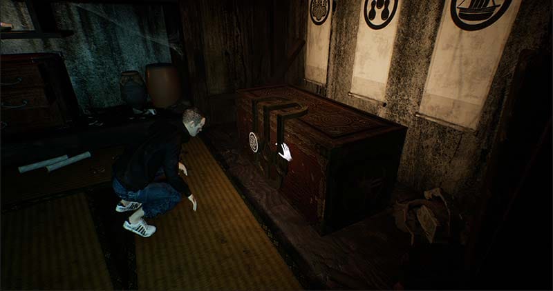 Gameplay scene showing a dark supernatural environment inside the mansion
