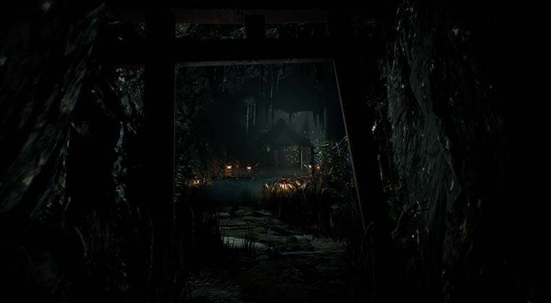 Gameplay scene showing a player examining objects inside a haunted mansion