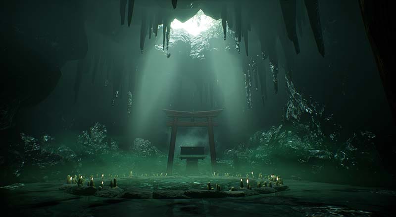 Gameplay view of a mysterious Japanese environment filled with supernatural details