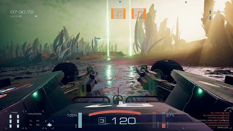 Gameplay scene showing rover driving across uneven alien terrain in a rally stage