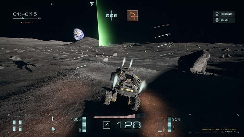Extreme weather racing environment with wind and terrain affecting rover stability
