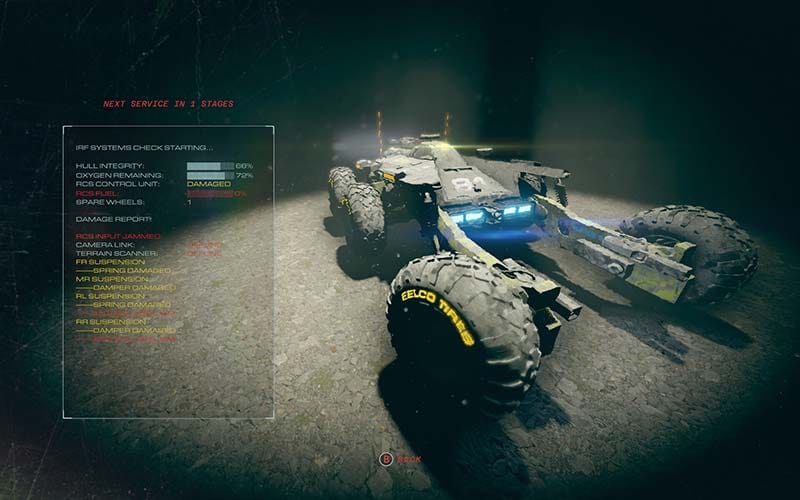 Rally gameplay showing thruster-assisted jump over rocky planetary surface