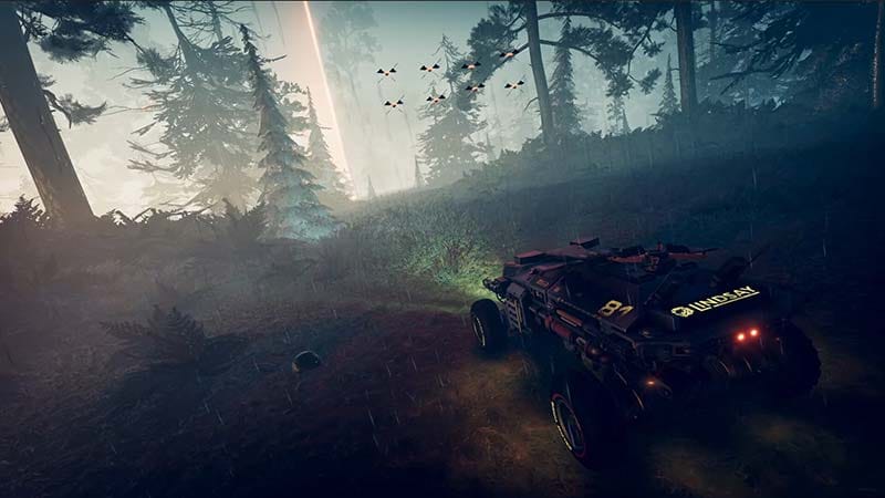 High-speed driving scene across procedurally generated alien terrain with weather effects