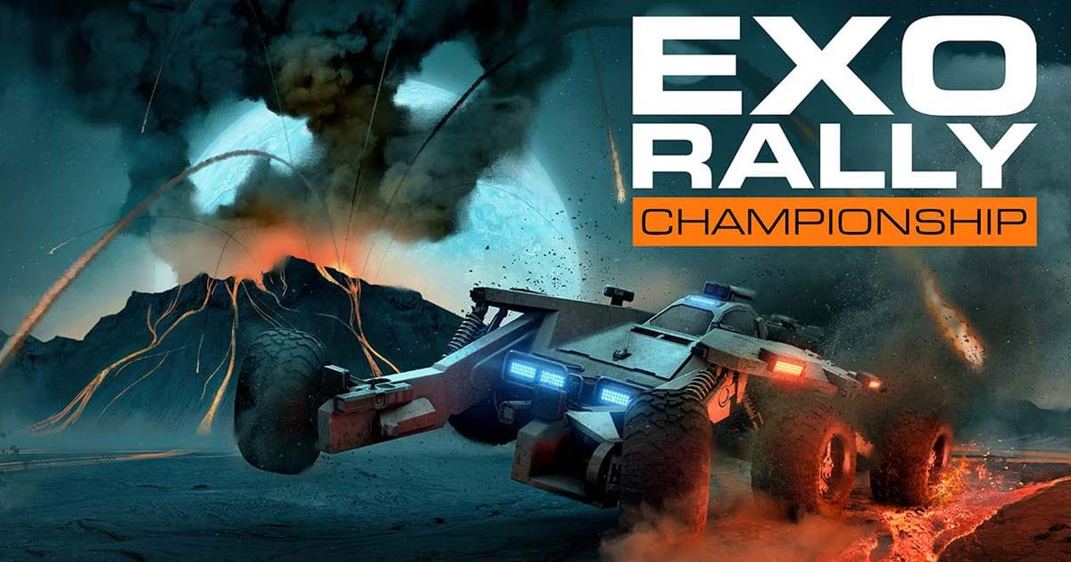 Promotional artwork of rover racing across an alien surface in Exo Rally Championship