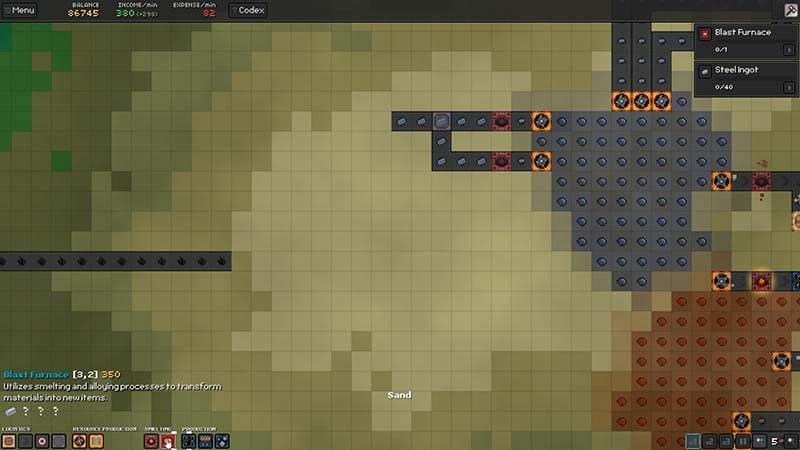 Gameplay scene showing a factory layout with machines processing resources across conveyors