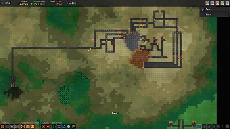 Dim gameplay scene showing early factory setup with limited machines and initial production flow