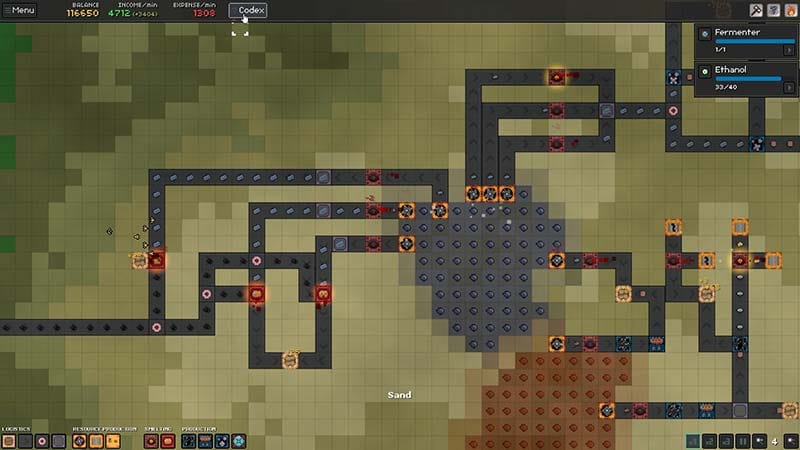 Wide top-down view of a large factory network spread across a procedural map