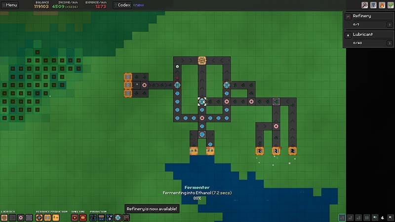 Close gameplay view of early resource extraction feeding into basic production machines