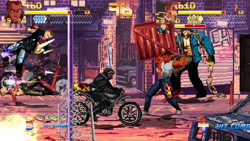 In-game scene from Fallen City Brawl highlighting hand-to-hand combat in a pixel-art city stage.