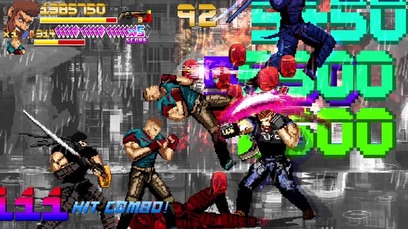 Gameplay capture from Fallen City Brawl showing combo attacks in a retro-style beat 'em up battle.