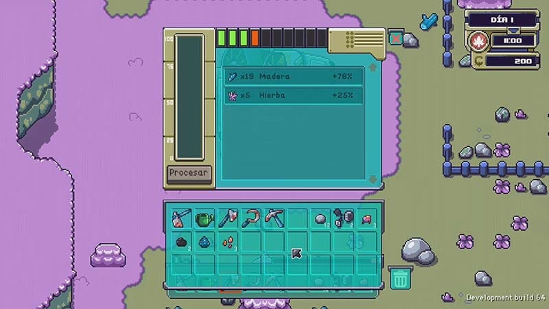 Exploration scene showing a character collecting resources in an alien environment