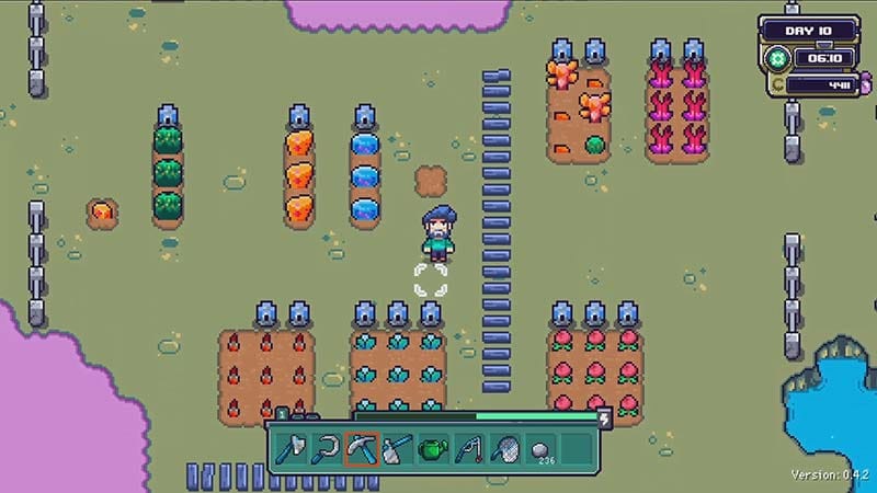Gameplay view showing farming areas, tools, and environmental elements