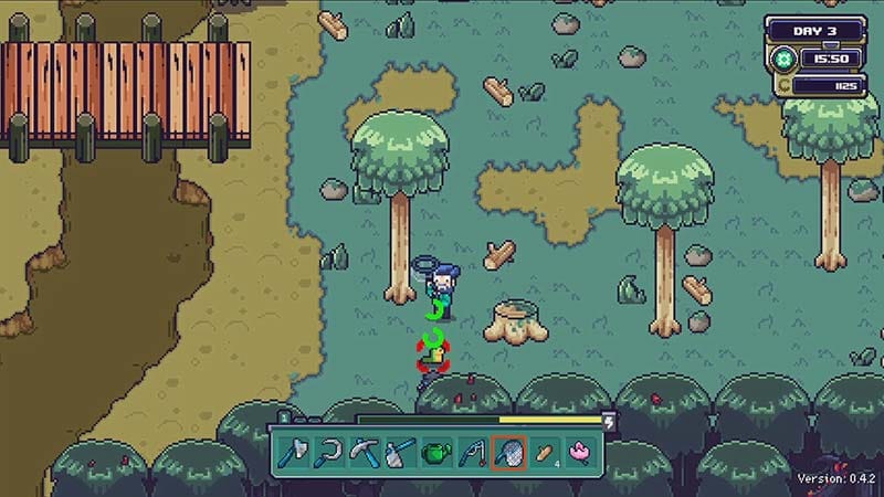Wide gameplay view showing a planetary landscape with farming areas and structures