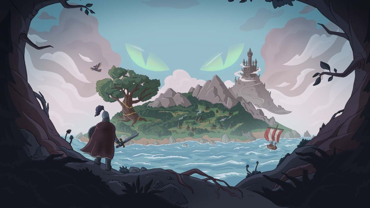 Dark Slavic-inspired forest island environment with eerie fantasy atmosphere