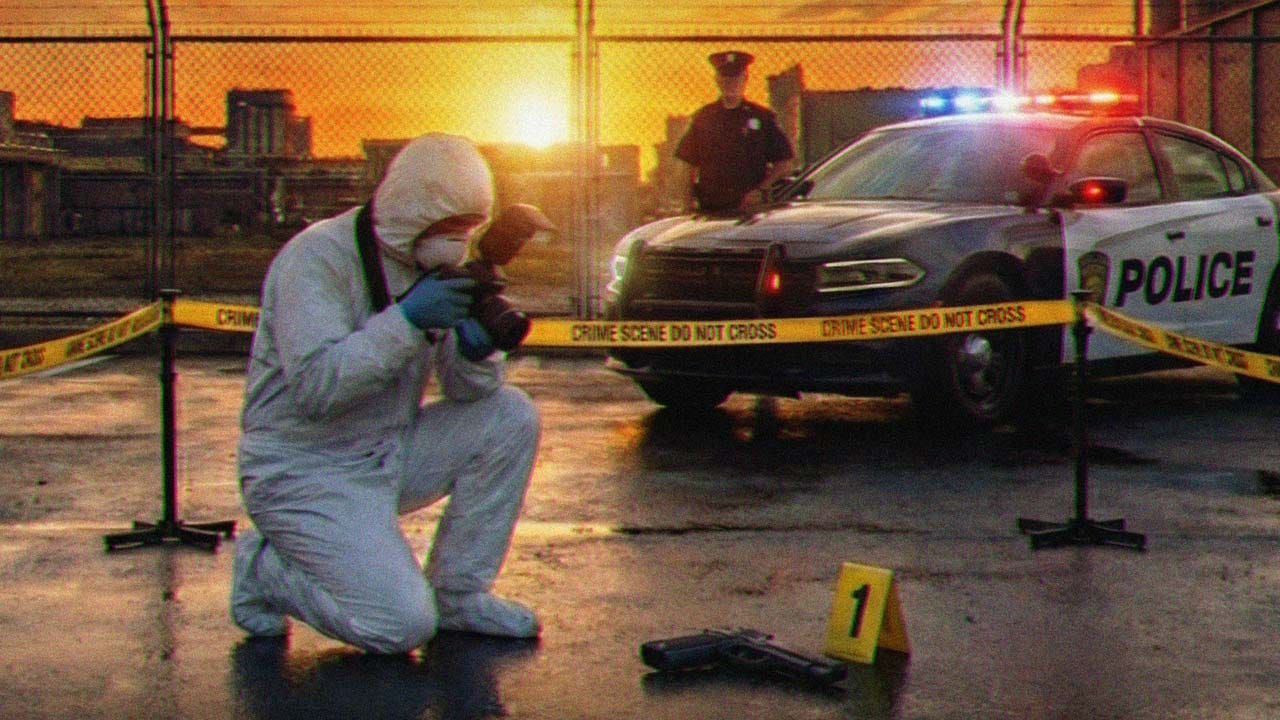 Dark forensic investigation environment with crime scene analysis equipment and evidence tools
