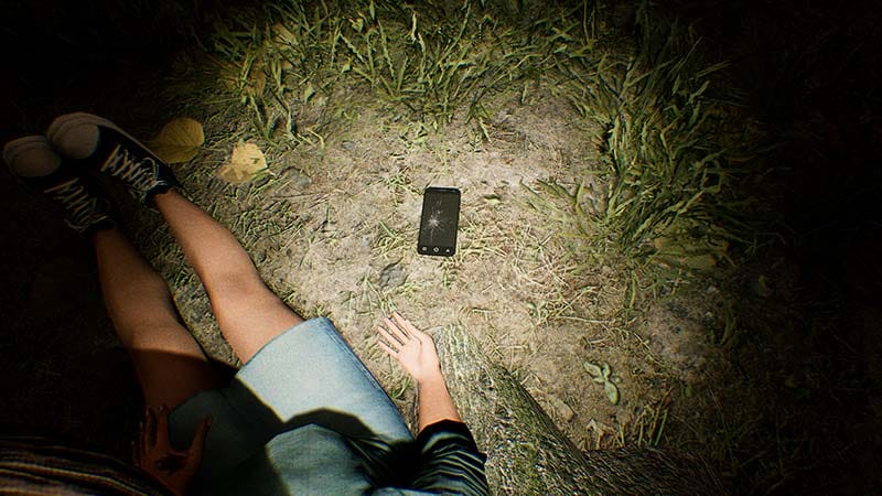 First-person gameplay scene showing evidence collection inside a crime scene environment