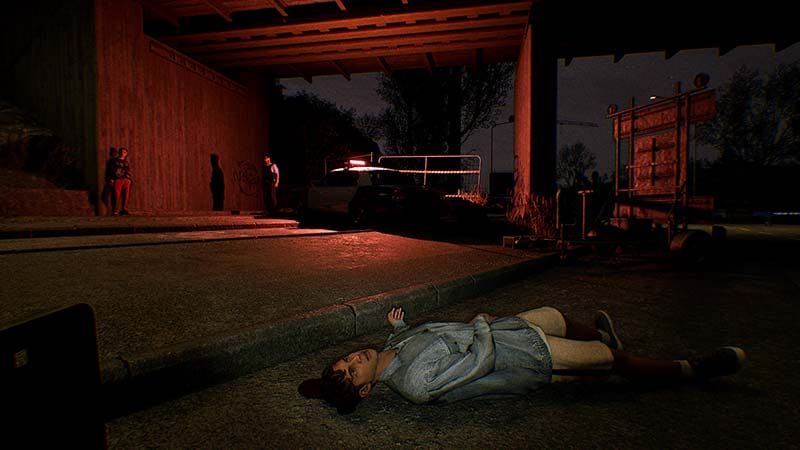 Detective gameplay view showing evidence reconstruction inside a dark urban location