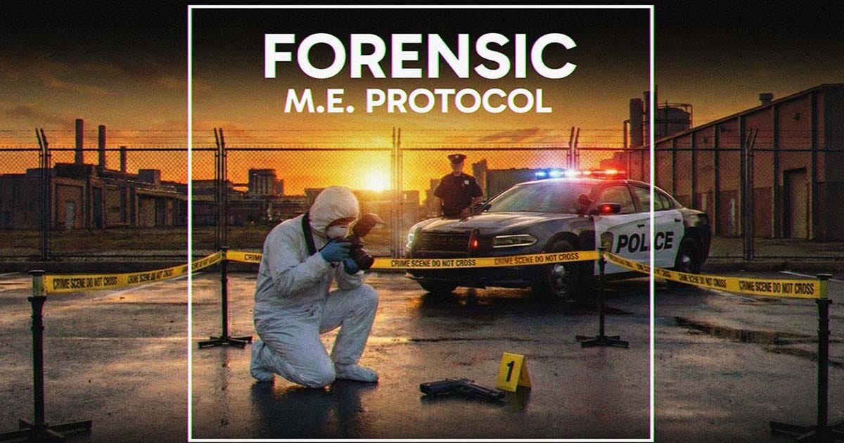Promotional artwork showing a forensic investigator examining a detailed crime scene