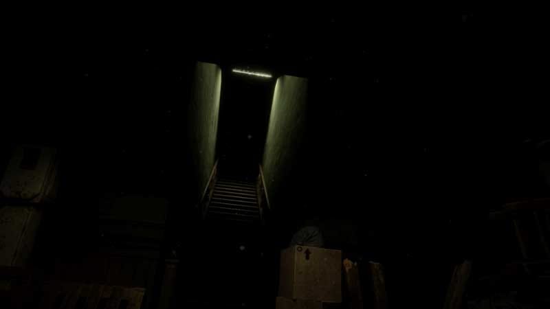 First-person gameplay scene walking along a dark forest path