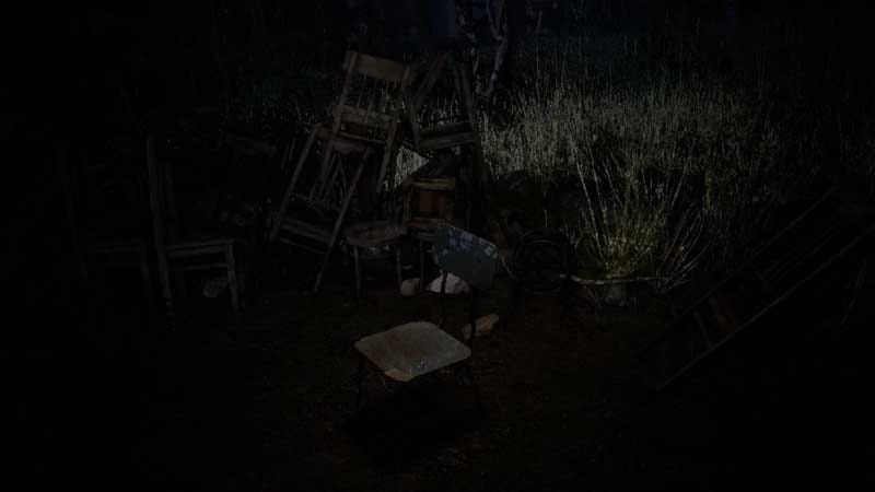 Gameplay scene showing deeper forest area with dense trees and fog