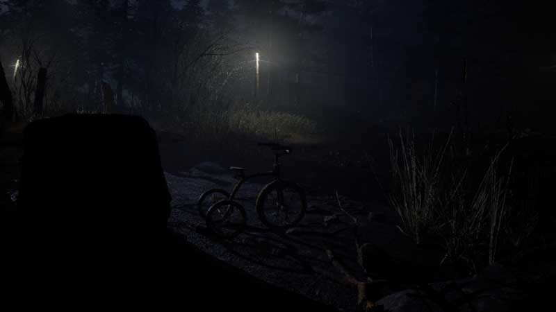 Exploration view moving through narrow forest paths and changing terrain