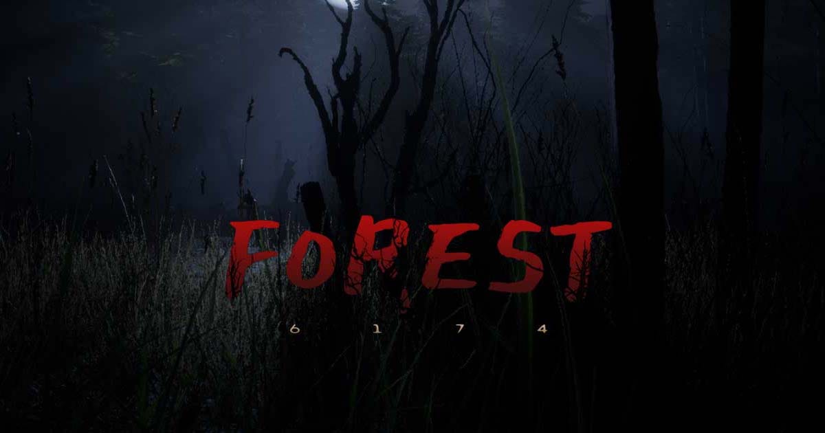 Promotional scene of a lone figure entering an eerie forest in Forest 6174