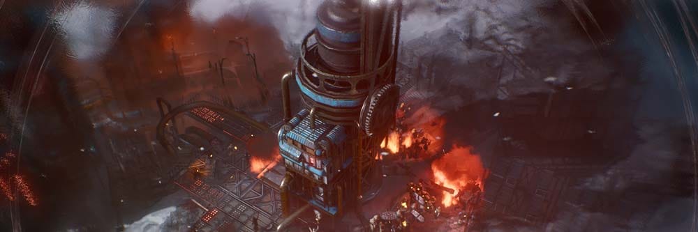 Wide panoramic view of a frozen metropolis with layered districts, industry, and storm conditions