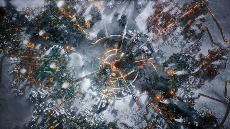 Frostpunk 2 interface showing district selection and urban planning options in a metropolitan layout
