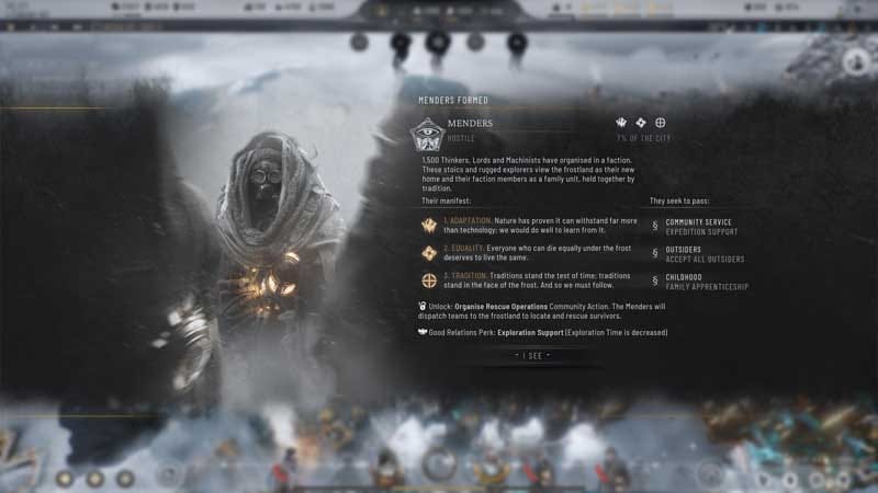Council Hall decision screen showing political factions voting on legislation and city laws