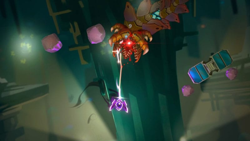 Exploration and combat scene in Galactic Glitch with procedural roguelike arena