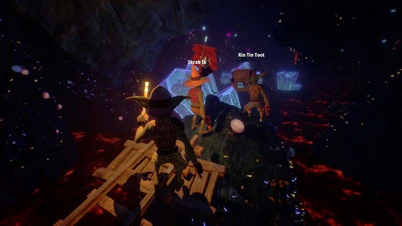 Co-op mining gameplay with players building rail tracks for resource transport