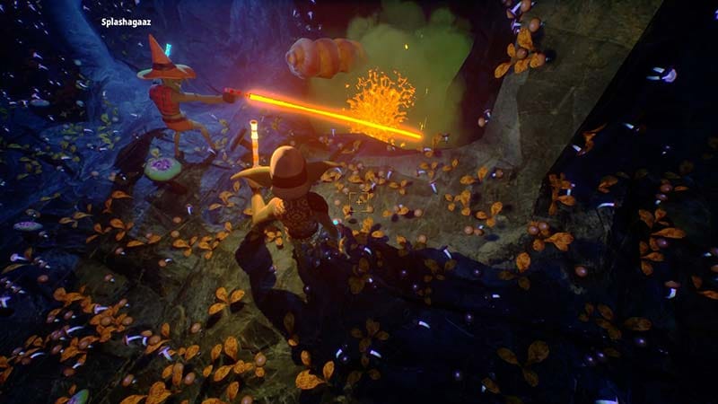 Combat encounter with enemy creatures inside a deep cave biome