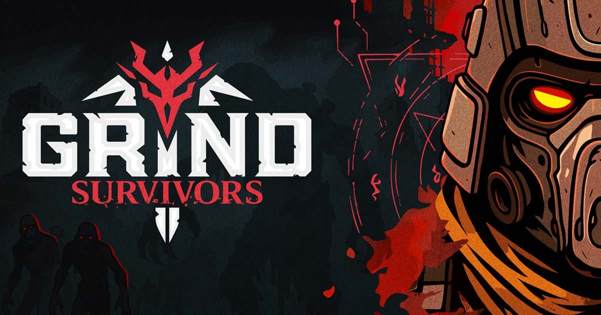Promotional art for Grind Survivors highlighting bullet-hell combat and demon-infested arenas.
