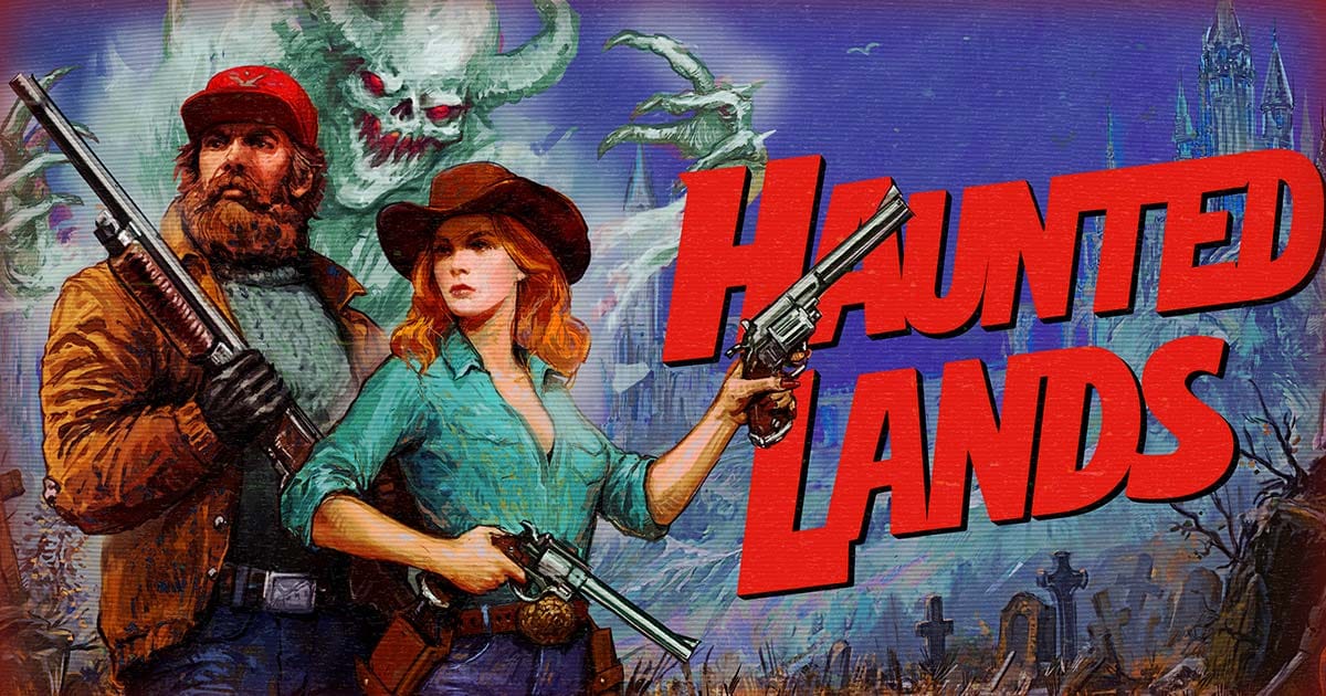 Haunted Lands key art featuring the game logo over dark fantasy pixel-art environments.