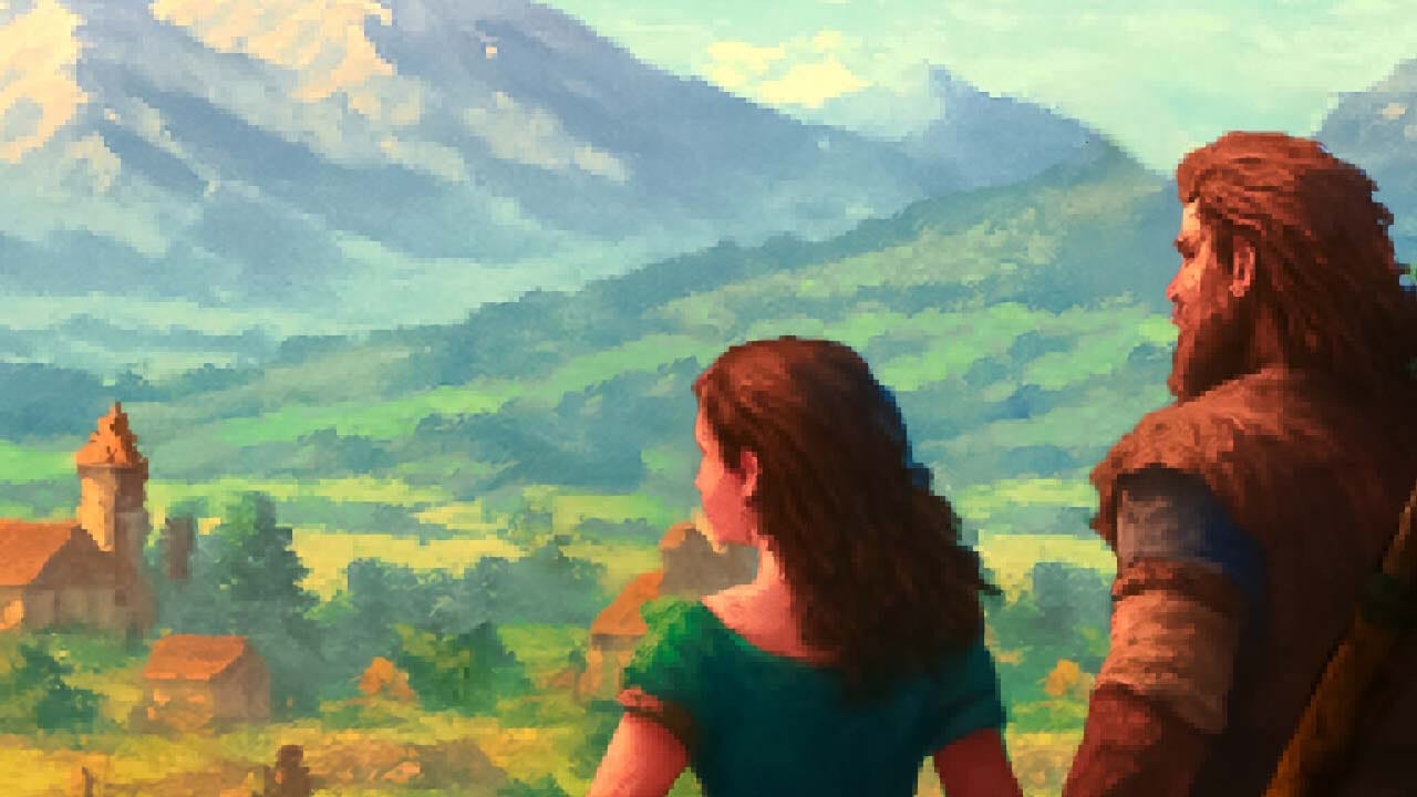 Medieval pixel art settlement surrounded by a fantasy landscape