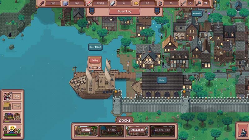 Gameplay scene showing a medieval settlement with buildings and workers